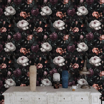 Laatse Dark Floral Peel and Stick Wallpaper, Vintage Rose Flower Contact Paper 17.5in x 197in Waterproof Self Adhesive Boho Black Wall Paper for Bedroom Walls Bookcase Drawers Decor