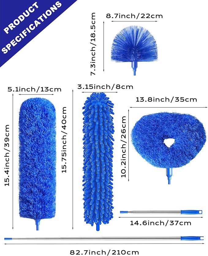 Dusters for Cleaning, 5-in-1 Dusters, Ceiling Fan Cleaner Duster with Extension Pole, Microfibe, Cobweb and Chenille Duster for Fans, Blubs, Cars, Blinds and Furniture