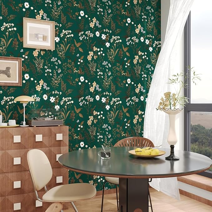 Laatse Dark Floral Wallpaper Peel and Stick 17.5in x393in Vintage Green Gold Leaf Wallpaper Vinyl Waterproof Self-Adhesive Boho Botanical Wall Paper Mural for Cabinet Bookcase Bedroom Decor