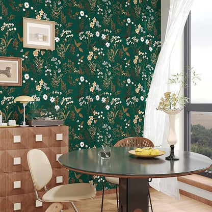 Laatse Dark Floral Wallpaper Peel and Stick 17.5in x393in Vintage Green Gold Leaf Wallpaper Vinyl Waterproof Self-Adhesive Boho Botanical Wall Paper Mural for Cabinet Bookcase Bedroom Decor