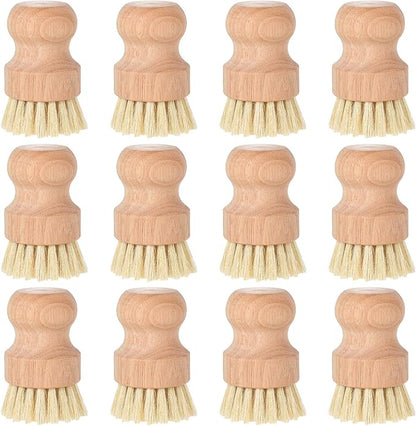 cobee 12Pcs Bamboo Dish Scrub Brushes, Kitchen Dishwashing Scrubber with Natural Sisal Bristles Round Wooden Dish Scrubber Brush for Iron Pot Pan Food Kitchen Sink Fruit Vegetable Wash