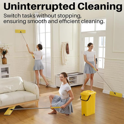 JOYMOOP Industrial Mop and Bucket Set, 17.7-inch Dust Mops for Floor Cleaning, Flat Mop Bucket with Wringer, Include 3 Reusable Microfiber Mop Pads - Yellow