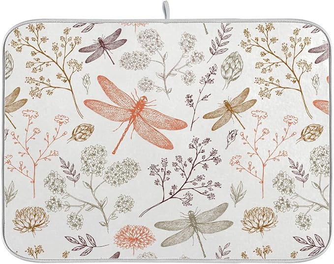 Dragonfly Botanical Plant Dish Drying Mat for Kitchen Counter Absorbent Microfiber Drying Pad, Medium 16x18 in, Reversible Drainer Mats