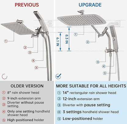 G-Promise All Metal 14 Inch Shower Head with Massage Mode Handheld, Rain Shower Head with Handheld Spray Combo, 3-Way Diverter with Pause Setting, 12 Inch Adjustable Extension Arm (Brushed Nickel)