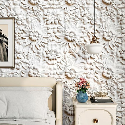 FunStick 17.5x590 Off White 3D Floral Peel and Stick Wallpaper Vintage Embossed Floral Contact Paper White Vinyl Renter Friendly Wall Paper for Bathroom Kitchen Accent Wall Cabinets Ceiling Waterproof