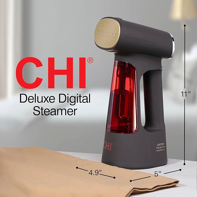 CHI Deluxe Digital 3-in-1 Handheld Garment Steamer & Steam Iron for Clothes, 220 ml Water Tank For up to 20 Minutes of Use, 9 Fabric Modes, Fast 30 Second Heat-Up, 8’ Retractable Cord, Black (11620)