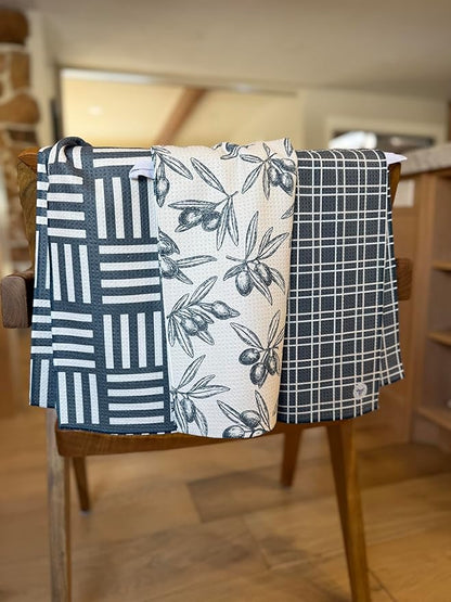 || 3 Pack|| Double Sided Dish Towels || Waffle Weave Microfiber || Highly Absorbent || Hanging Loop || Dish Cloths || Modern || Designer Prints || Lights (Gray)