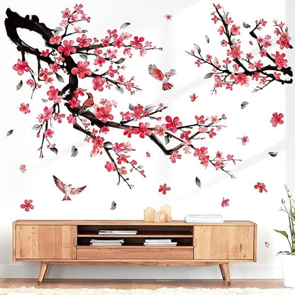 wondever Watercolor Plum Flower Tree Branch Wall Stickers Red Cherry Blossom Floral Birds Peel and Stick Wall Art Decals for Bedroom Living Room Sofa