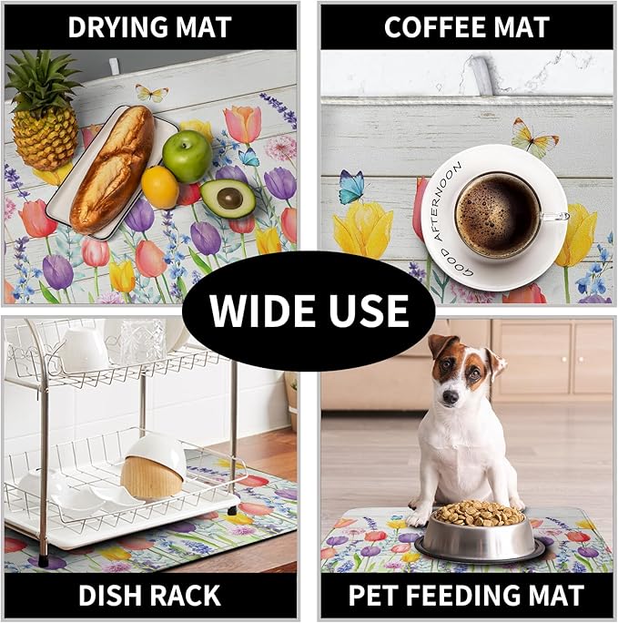 Tulip Floral Dish Drying Mat for Kitchen Counter Watercolor Spring Flower Dish Mat Absorbent Microfiber Dish Draining Mat Reversible Heat Resistant Dishes Pad Large 16 x 18 Inch