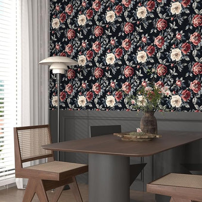 Fvlow Black Floral Wallpaper Peel and Stick 17.4" x 118" Dark Floral Contact Paper Red and White Flowers Vintage Waterproof Self Adhesive Covering for Bedroom Cabinet Bathroom Home Decor