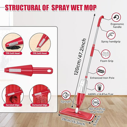 Spray Wet Mops for Hardwood Floor Cleaning: EXEGO Microfiber Dry Dust with 3 Washable Pads for Swiffer PowerMop - Flat Floor Mops with Sprayer for Wood Laminate Ceramic Tiles