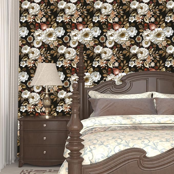 Vintage Wallpaper Peel and Stick Dark Floral Contact Paper 17.5in x 118in White Gold Flower Wallpaper Vinyl Waterproof Self Adhesive Boho Leaf Botanical Wall Paper for Bedroom Cabinet Table Decoration