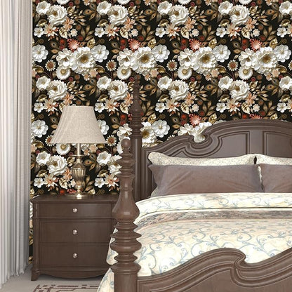 Vintage Wallpaper Peel and Stick Dark Floral Contact Paper 17.5in x 118in White Gold Flower Wallpaper Vinyl Waterproof Self Adhesive Boho Leaf Botanical Wall Paper for Bedroom Cabinet Table Decoration