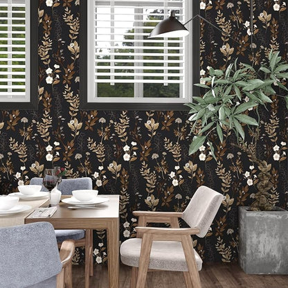 Fvlow Black Floral Peel and Stick Wallpaper 17.4" x 197" Vintage Dark Gold Leaf Contact Paper Waterproof Self-Adhesive Vinyl Wall Covering for Bedroom Bathroom Countertop Cabinets, Boho Wall Decor
