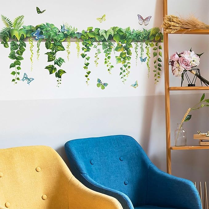 Nature Green Plants Peel and Stick Wall Decals Wallpaper, Removable Wall Decals Shelves Green Plants Vinyl Art Wall Stickers & Murals for Living Room Kitchen Bathroom Decoration (B-Green)