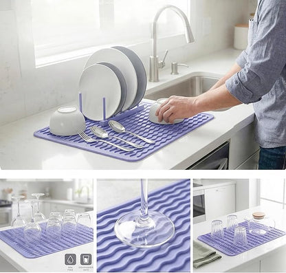 MicoYang Silicone Dish Drying Mat for Multiple Usage,Easy clean,Eco-friendly,Heat-resistant Silicone Mat for Kitchen Counter or Sink,Refrigerator or drawer liner Light Purple L 16 inches x 12 inches