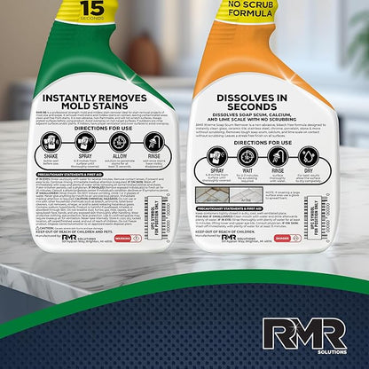 RMR Instant Mold & Mildew Stain Remover Spray + Xtreme Soap Scum Remover, No-Scrub Indoor/Outdoor Cleaning System for Bathroom, Shower, Siding, & Deck, 2–32 Oz Bottles