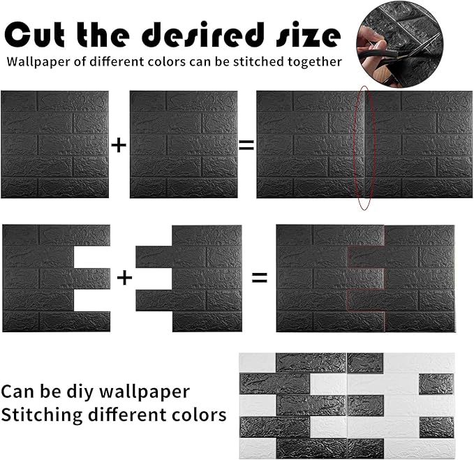 10 PCS Black 3D Wall Panels, 14.5 sq.feet Coverage, Printable Wallpaper Sticker with Self-Adhesive Waterproof Brick PE Foam Wall Panels Peel and Stick for Interior Wall Decor, Home Decoration