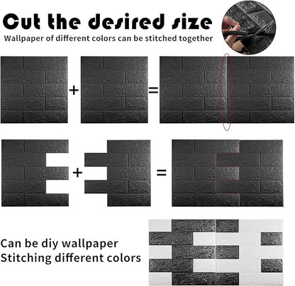 10 PCS Black 3D Wall Panels, 14.5 sq.feet Coverage, Printable Wallpaper Sticker with Self-Adhesive Waterproof Brick PE Foam Wall Panels Peel and Stick for Interior Wall Decor, Home Decoration