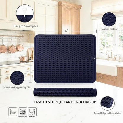 MicoYang Silicone Dish Drying Mat for Multiple Usage,Easy clean,Eco-friendly,Heat-resistant Silicone Mat for Kitchen Counter or Sink,Refrigerator or drawer liner Navy Blue L 16 inches x 12 inches