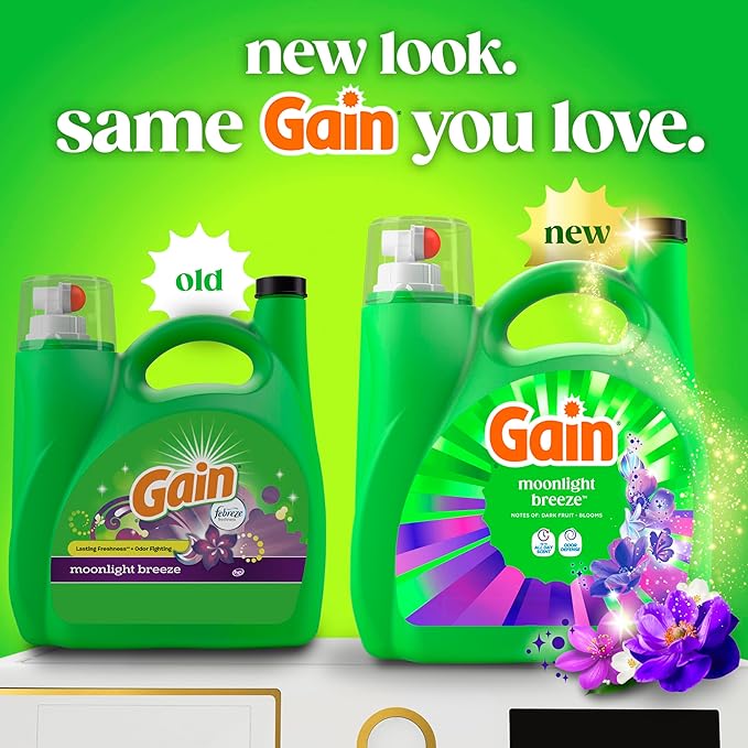 Gain Liquid Laundry Detergent, Now with Odor Defense, Moonlight Breeze Scent, 132 fl oz, 100 Loads (Packaging May Vary)