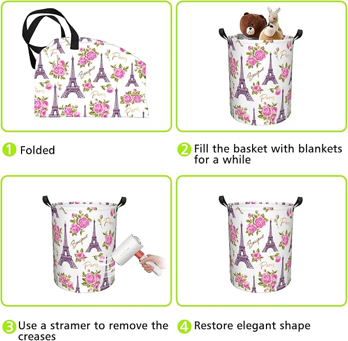 Laundry Basket Romantic Vintage Eiffel Tower Laundry Hamper Large Laundry Basket Storage Basket Tote Bag Collapsible Organizer Basket for Bathroom,Laundry,Bedroom 17.3 x16.5 Inch