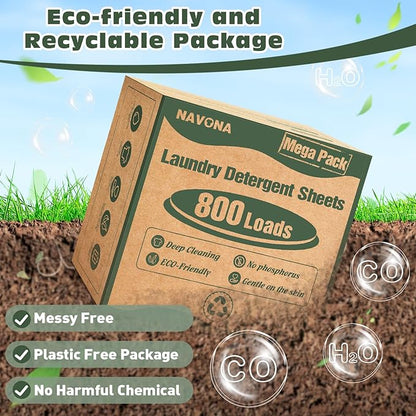 800 Loads Mega Pack Laundry Detergent Sheets, Eco-friendly Laundry Sheets, Powerful Cleaning, Suitable for Homes, Dorms, and Apartments - [Fresh Scent]