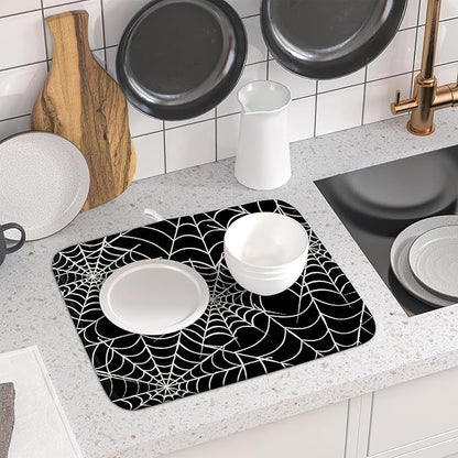 Halloween Dish Drying Mat for Kitchen Counter 16x18 Spider Web Black Holiday Scary Theme Absorbent Reversible Microfiber Drying Mats Kitchen Countertop Protector Dishes Drainer Pad