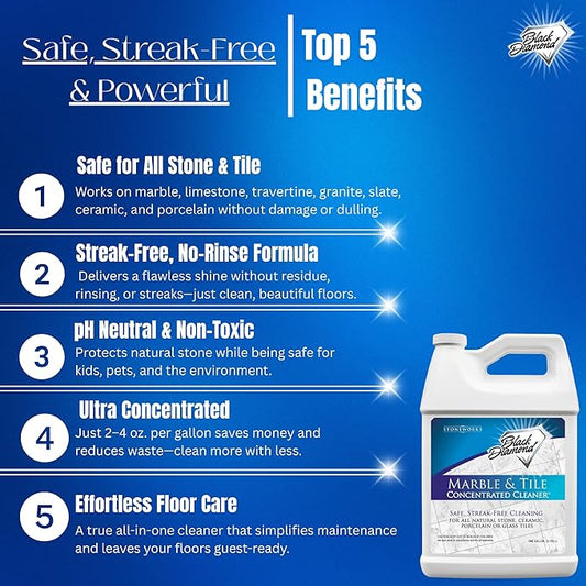 Black Diamond Stoneworks Marble & Tile Cleaner Gallon + Ultimate Grout Cleaner with Brush Quart (2-Pack) – Safe for Natural Stone, Deep Grout and Tile Cleaning to Restores Shine
