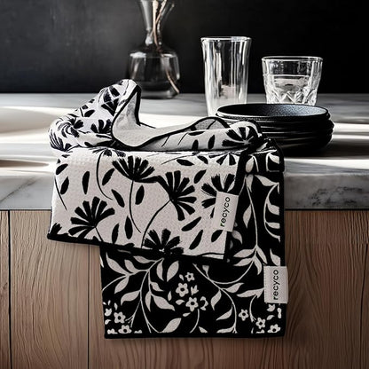 RECYCO Waffle Kitchen Towel Set of 2 - Quick Dry Microfiber Sustainable Dish Towels - Ultra Absorbent Reusable Cleaning Tea Towels - Lightweight Hand Towels,16”x 28”, Black & White Florals