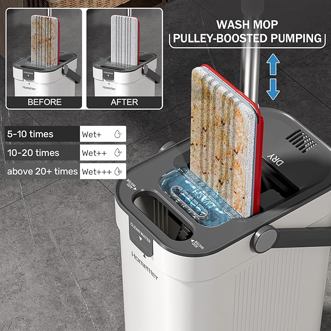 Mop and Bucket Set, 3-Tank Flat Mop and Bucket System for Separate Dirty & Clean Water, 65" Mops for Floor Cleaning with 8 Washable Pads, Safe for Hardwood, Vinyl, Tile, Baseboards, Walls