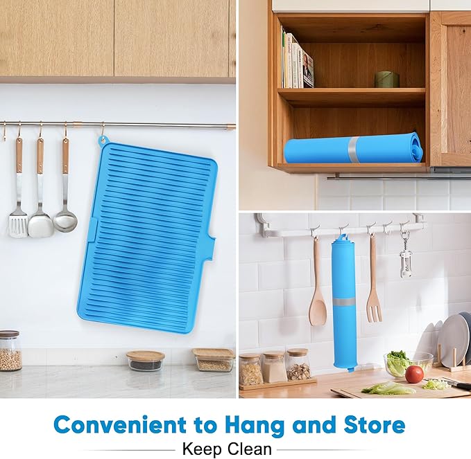 Silicone Dish Drying Mat for Kitchen Counter, Non-slip Surface and Heat-resistant Food Grade Kitchen Counter Protector with Drain Lip, Easy Clean and Storage for Multiple Usage, 23*17 inch Large Size