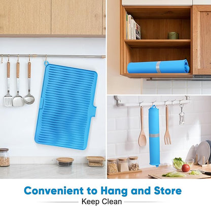 Silicone Dish Drying Mat for Kitchen Counter, Non-slip Surface and Heat-resistant Food Grade Kitchen Counter Protector with Drain Lip, Easy Clean and Storage for Multiple Usage, 23*17 inch Large Size