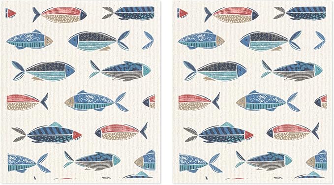 MÜkitchen Premium Eco Sponge Dish Cloth | Highly-Absorbent Kitchen Cloth for Cleaning and Drying Dishes | Machine Washable and Reusable | Set of 2 | Fish