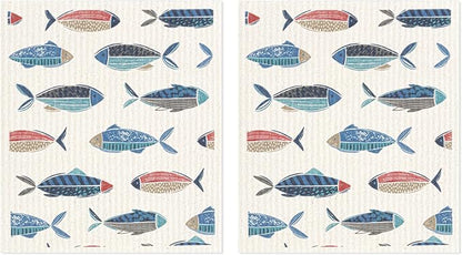 MÜkitchen Premium Eco Sponge Dish Cloth | Highly-Absorbent Kitchen Cloth for Cleaning and Drying Dishes | Machine Washable and Reusable | Set of 2 | Fish
