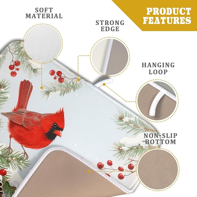 Winter Cardinal Bird Dish Drying Mat for Kitchen Counter 16x18 Christmas Snow Scene Theme Seasonal Absorbent Reversible Microfiber Drying Mats Kitchen Countertop Protector Dishes Drainer Pad