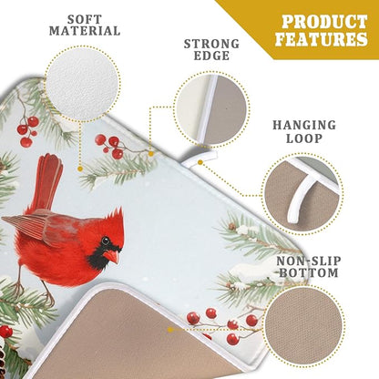 Winter Cardinal Bird Dish Drying Mat for Kitchen Counter 16x18 Christmas Snow Scene Theme Seasonal Absorbent Reversible Microfiber Drying Mats Kitchen Countertop Protector Dishes Drainer Pad