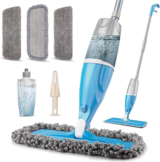 Spray Wet Mops for Floors Cleaning - EXEGO Floor Flat Mops Refillable with 3 Washable Pads for Swiffer Powermop - Commercial Dust Dry Mop for Hardwood Laminate Ceramic Tile Wood Vinyl