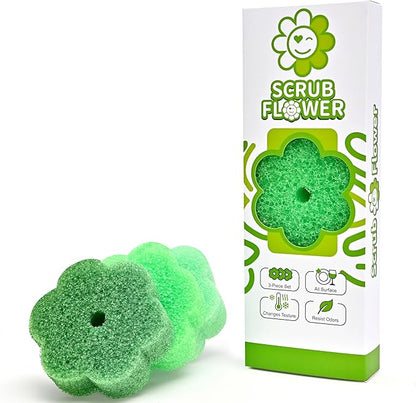 Scrub Flower Temperature Sensitive Sponges -Non-Scratch Scrubbers for Kitchen & Home - Firm in Cold & Soft in Warm Water - Odor Resistant Color-Coded Dish Sponges (Garden Mint, 3 Count)