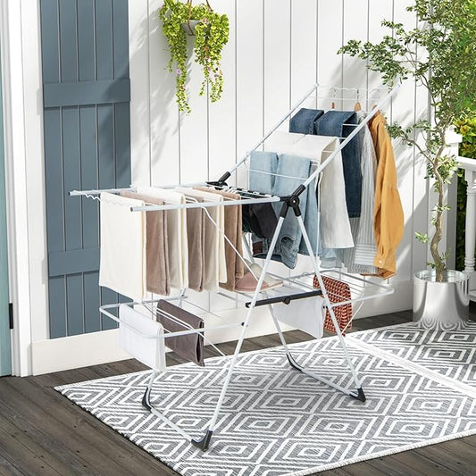 Tangkula Laundry Drying Rack, Foldable Clothes Drying Rack with Height Adjustable Wings, 33 Drying Rails & Sock Clips, Freestanding Gullwing Garment Stand for Indoor & Outdoor Use (White+Grey)