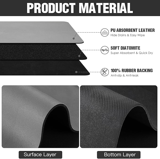 Dish Drying Mat for Kitchen Counter Super Absorbent Drainer Mats with Non-slip Rubber Backed Hide Stain Heat Resistant Easy to Clean Dish Rack Mat (Gray, M-16"x18")