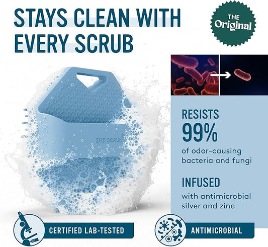 Sud Scrub® Antimicrobial Silicone Body Scrubber, Exfoliating Body Brush for Sensitive Skin, Antibacterial Shower Scrubber for Body, Bathroom Essentials for Men & Women, Blue