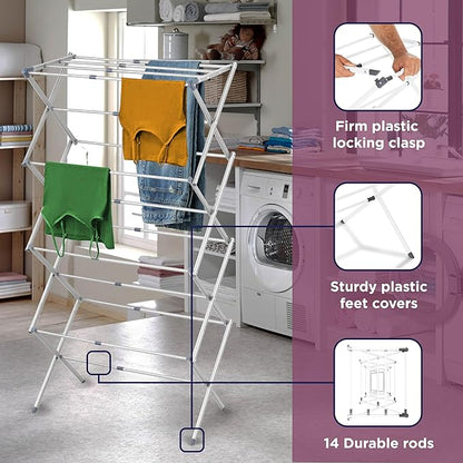BLACK+DECKER 4-Tier Expandable Collapsible Clothes Drying Rack, Telescopic Height, Foldable Space-Saving Laundry Air Dryer for Towels, Shirts & Delicates – Durable Steel, No Tools Needed