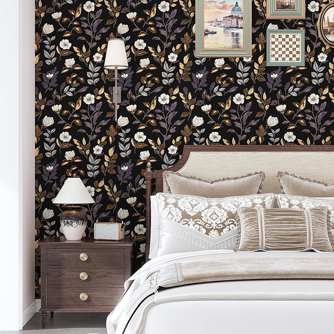 Fvlow Dark Floral Wallpaper Peel and Stick Vintage Gold Leaf Contact Paper Black Floral Wallpaper Waterproof Self-Adhesive Wall Covering for Bedroom Countertop Desk Cabinets 17.4" x 393"