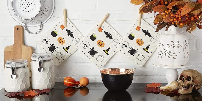 DII Swedish Dishcloths for Kitchen & Cleaning, Reusable, Machine Washable & Dishwasher Safe, Biodegradable, 7.75 x 6.75, Spooky, 3 Piece