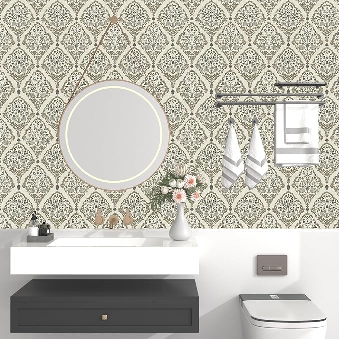Vintage Khaki Leaf Symmetrical Wallpaper Peel and Stick 17.5" x 118" Simple Beige Floral Pattern Self Adhesive Cantact Paper, Waterproof Removable Vinyl Wall Covering for Bedroom Living Room Cabinet.