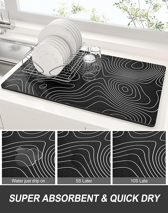 Rnivvi Dish Drying Mat for Kitchen Counter, XL 15 x 24" Cute Marble Super Absorbent Draining Pad, Non-Slip Heat Resistant Coffee Bar Mats for Coffee Machine Station Accessories, Line Art Dish Rack Pad