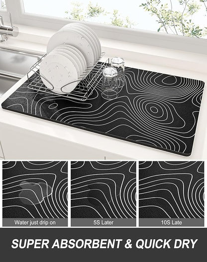 Rnivvi Dish Drying Mat for Kitchen Counter, XL 15 x 24" Cute Marble Super Absorbent Draining Pad, Non-Slip Heat Resistant Coffee Bar Mats for Coffee Machine Station Accessories, Line Art Dish Rack Pad
