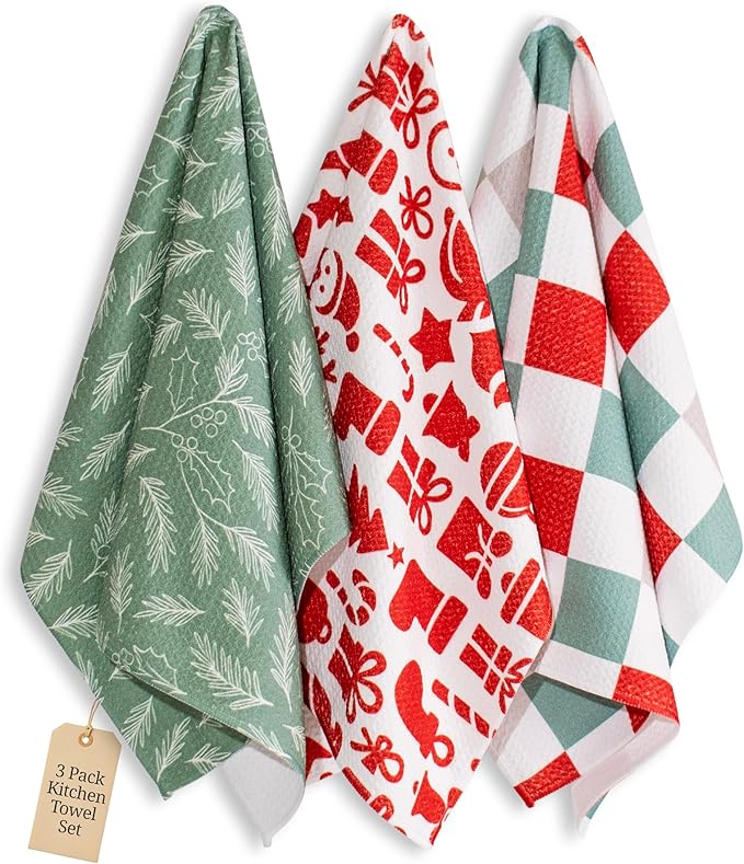 Christmas Kitchen Towels Set of 3 Minty Xmas – Microfiber Waffle Weave Dish Towels 16x24, Super Absorbent & Lint-Free Holiday Kitchen Towels for Drying, Cleaning & Christmas Décor