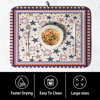 Happy 4th of July Patriotic Dish Drying Mat 18 x 24 Inch US Independence Day Vintage Star Kitchen Drying Mat Blue White Red Dish Drainer Mats Super Absorbent Dish Rack Pad for Coffee Bar Sinks